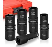 NEIKO 02282B - Set di chiavi a bussola a percussione, attacco da 1/2", in acciaio cromato Moly, include prolunga barra da 7,6 cm, 8 misure SAE e metriche, 5 pezzi