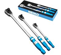 Neiko 03006A - Set di cricchetti a testa piatta, 3 pezzi, cricchetto a basso profilo, attacco 1/4, chiave a cricchetto 3/8 e cricchetto da 1/2", 90 denti, impugnatura testurizzata anodizzata,