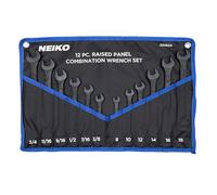 Neiko 03582A, Set di chiavi combinate, 12 pezzi, a pannello rialzato, metriche e standard, in acciaio al carbonio fucinato a stampo con ossido nero, a estremità aperta e piccola a occhio SAE e mm