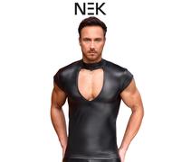 NEK Maglia Nera Aderente con Scollo a V e Anello sul Colletto