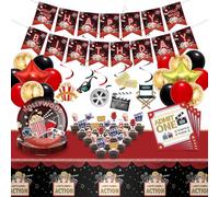 Nek Nook - Set di decorazioni per compleanno Hollywood per 20 persone (87 pezzi) - Stoviglie usa e getta a tema cinema con piatti, bicchieri, asciugamani, tovaglie, palloncini e bandierine, per feste
