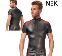 NEK T-SHIRT Top Aderente Uomo Nero Opaco Maniche Corte Front ZIP sul Petto Collo