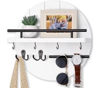 Nekon Portachiave rustico da parete, 30 cm, con ripiano e 6 ganci, portachiavi circolare in legno per ingresso, corridoio, cucina (bianco)