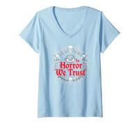 Nell'orrore Ci fidiamo di Spooky Skull Eye Gothic Men Macabre Maglietta con Collo a V, Donna, Celeste, XL