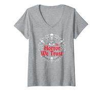 Nell'orrore Ci fidiamo di Spooky Skull Eye Gothic Men Macabre Maglietta con Collo a V, Donna, Grigio Melange, XL