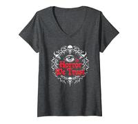 Nell'orrore Ci fidiamo di Spooky Skull Eye Gothic Men Macabre Maglietta con Collo a V, Donna, Grigio Scuro, L
