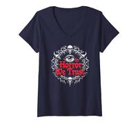 Nell'orrore Ci fidiamo di Spooky Skull Eye Gothic Men Macabre Maglietta con Collo a V, Donna, Navy, M