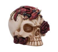 Nemesis Now Statuetta a forma di teschio con fiamma di rosa, drago rosso addormentato su teschio color osso con rosa e finitura incrinata, decorazione in resina 14,5 cm