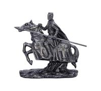 Nemesis Now Statuetta decorativa con cavaliere pronto per la battaglia, finitura argento metallizzato, decorazione artistica medievale, cavaliere a cavallo con spada e redini, per proteggere