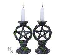 Nemesis Now Wiccan - Set di 2 candelabri pentagramma in resina, 15 cm, colore: Nero