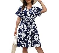 Nemidor Womens Casual Plus Size Summer Boho Swing Wrap Dress Floral Print with Pockets NEM295 (20, Blue White)
