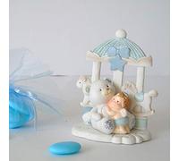 Nenè Bomboniera Nascita Battesimo Bimbo Maschietto Celeste Giostrina con Orsetto e Angelo Completa di Scatola Regalo Confetti e bigliettino Personalizzato