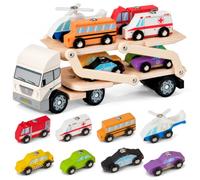 Nene Toys Bisarca Giocattolo In Legno Con 8 Veicoli, Dai 2 Anni | 8 Veicoli Cittadini e di Soccorso, 2 Livelli e Rampa Abbassabile - Compatibili Con il Magnetic Car Loader