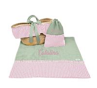 Nenel Borsa da Spiaggia in vimini Telo da spiaggia Borsa per costume da bagno Personalizzato per bambini - Vichi (3 Pezzi, Rosa cipria/Verde infarinato)