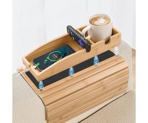 Nenkarn Vassoio pieghevole in bambù con portabicchieri, vassoio in bambù per divano, bracciolo magnetico 3 in 1, antiscivolo, rimovibile, per bevande, cellulare, TV, snack