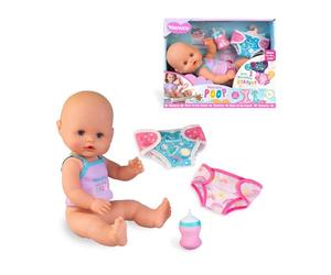 Nenuco Popò, bambola da 35 cm con corpo rigido, include biberon e 2 pannolini lavabili, pannolino giorno e notte, beve fa pipì e popò, +2 anni, Famosa (NFNB3000)