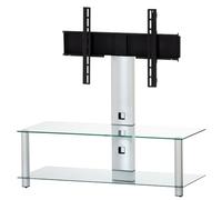 NEO-110-TG - Mobile TV con supporto integrato 110 cm con ruote, vetro temperato trasparente e telaio in alluminio grigio, rotazione ±35°, compatibile 32"-50"