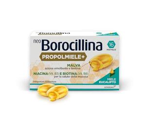 NEO BOROCILLINA Propolmiele+, Integratore Alimentare per il Benessere della Gola, 16 Pastiglie, Gusto Eucalipto e Miele
