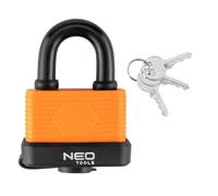 NEO TOOLS 85-011 - Lucchetto impermeabile, 40 mm, in acciaio laminato, resistente alle intemperie, protezione in gomma su 7,5 mm, con 3 chiavi per esterni e giardino