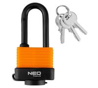 NEO TOOLS 85-020 - Lucchetto impermeabile, 40 mm, chiusura a barra lunga, resistente alle intemperie, alloggiamento in acciaio laminato, staffa da 7,5 mm, protezione in gomma, con 3 chiavi