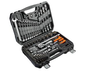NEO TOOLS Cassetta degli attrezzi riempita 77 pezzi, set di chiavi a bussola 1/4" e 1/2", acciaio speciale al cromo vanadio, riceve chiavi, estensione, giunto a piega, cricchetto, set di punte