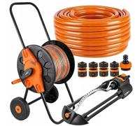 NEO TOOLS Set di tubi da giardino, 30 m, 1/2", 4 strati, resistente ai raggi UV, con carrello tubolare, regolatore oscillante, 18 ugelli e attacco per rubinetto, set di irrigazione