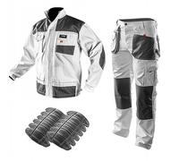 NEO TOOLS Set Professionale di Pantaloni da Lavoro (Giacca, Ginocchiere), Colore Bianco, Abbigliamento di Sicurezza, Pantaloni da Pittore