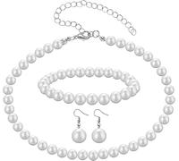 NEOBABY Elegante collana di perle finte da 10 mm con orecchini e braccialetto per sposa, formale, set di gioielli per matrimoni ed eventi in ufficio, per ragazze e donne, Free, Perla, Nessuna pietra