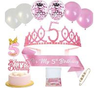 Neodtx 5° Compleanno Bambina 5 anni Rosa Decorazione Compleanno Fasce Corone per Bambini 11pz Set Regalo per 5 Corone di Compleanno Festone e Corona Decorazione per Torta Palloncini Candela 5th per