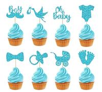 Neodtx It's A Boy Cupcake Topper Baby 32 pezzi per baby shower, cupcake, decorazione per torte, muffin, decorazione per il ragazzo o la ragazza, blu glitterato, baby shower, Oh Baby Boy Gender Reveal