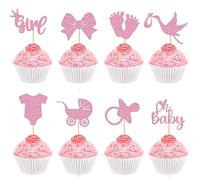 Neodtx It's A Girl Cupcake Topper Baby 32 pezzi per baby shower, decorazione per torte, muffin, decorazione per il ragazzo o la ragazza, rosa glitterata, baby shower, oh baby girl, genere reveal,