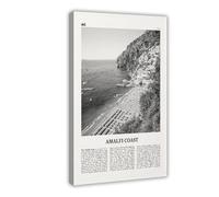 NEOHI Stampa artistica da parete con costiera amalfitana in bianco e nero, con mappa della città, paesaggio di viaggio, decorazione artistica da parete, poster per casa, bar, ristorante, garage
