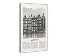 NEOHI Stampa artistica da parete moderna su tela con immagine di Amsterdam, case bianche e nere, Paesaggio della città dei Paesi Bassi, Olanda, Europa, 50 x 75 cm