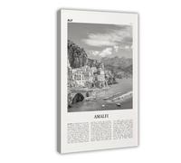 NEOHI Stampa artistica da parete su tela con mappa della città di Amalfi in bianco e nero dell'Oceano, Italia, Amalfitana, Italia, per camera da letto e ufficio, 50 x 75 cm