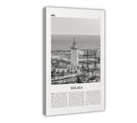 NEOHI Stampa artistica da parete su tela, motivo: faro di Malaga in bianco e nero, Andalusia, Spagna, mappa della città, stile retrò, decorazione per soggiorno e camera da letto, 40 x 60 cm