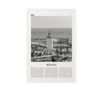 NEOHI Stampa artistica da parete su tela, motivo: faro di Malaga in bianco e nero, Andalusia, Spagna, mappa della città, stile retrò, decorazione artistica da parete, per casa, bar, ristorante, garage