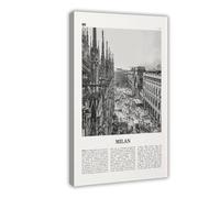 NEOHI Stampa artistica da parete su tela, motivo: mappa della città di Milano, Italia, in bianco e nero, stile retrò, per camera da letto, ufficio, 30 x 45 cm