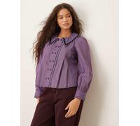 Neon Rose - Blusa a maniche lunghe bordeaux a righe con colletto e volant-Rosso L