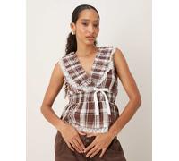 Neon Rose - Blusa a portafoglio beige a quadri con volant-Neutro XS