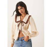 Neon Rose - Blusa color crema in lino con fiocco marrone a contrasto S