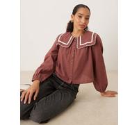 Neon Rose - Blusa marrone a punto smock con maniche a palloncino S