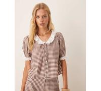 Neon Rose - Blusa marrone a quadretti con colletto in pizzo in coordinato 44