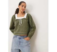 Neon Rose - Blusa verde a quadri con scollo squadrato e maniche a palloncino-Neutro XL