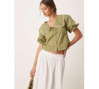 Neon Rose - Blusa verde oliva con maniche a sbuffo e collo alla marinara XS
