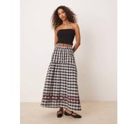 Neon Rose - Gonna al polpaccio grigia a quadretti con dettaglio ricamato-Grigio XS