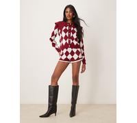 Neon Rose - Pantaloncini in maglia bordeaux con motivo a rombi stile arlecchino-Rosso XL