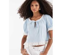 Neon Rose - Top a maniche corte con volant blu XS