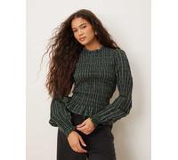 Neon Rose - Top a maniche lunghe arricciato a quadri verde scuro XS