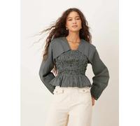 Neon Rose - Top a maniche lunghe arricciato a righe blu navy e giallo burro con colletto oversize M