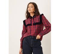 Neon Rose - Top a maniche lunghe vaporoso a quadri bordeaux e blu navy-Rosso S